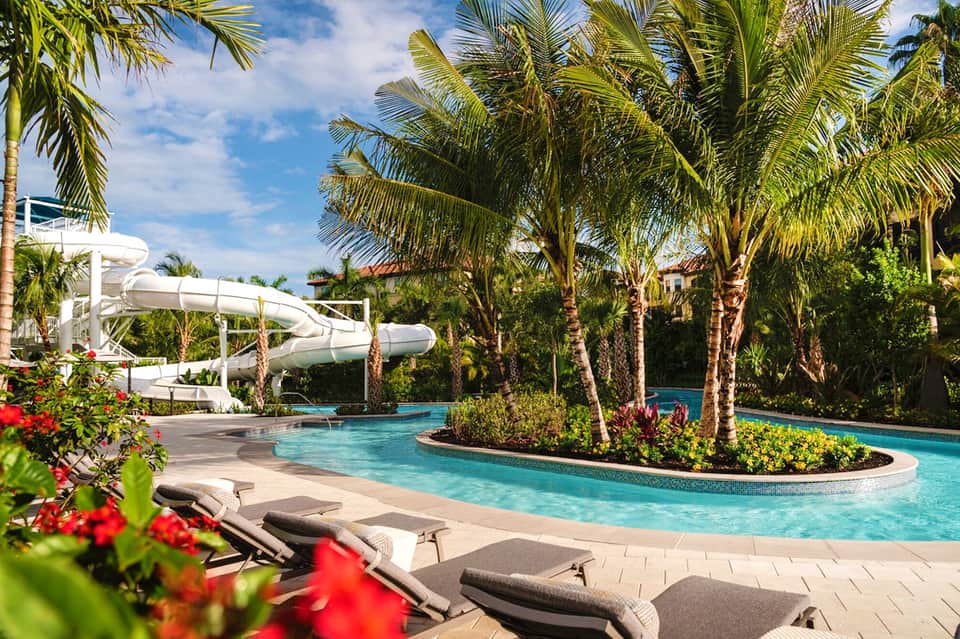 Tropical resort pool with waterslide, palm trees, lounge chairs, and vibrant red flowering plants