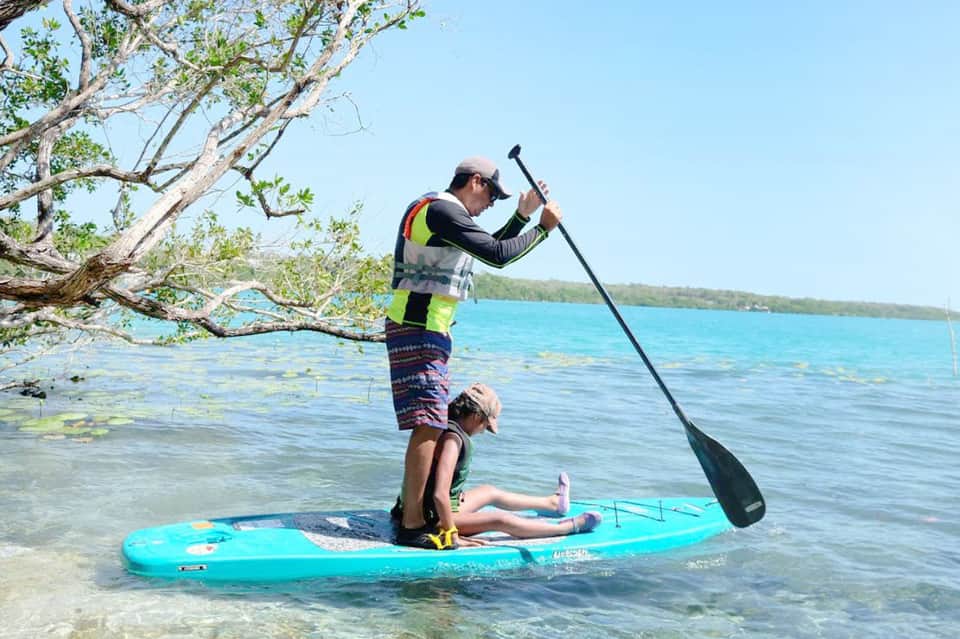 Man and child paddleboarding together in clear turquoise water near mangrove trees