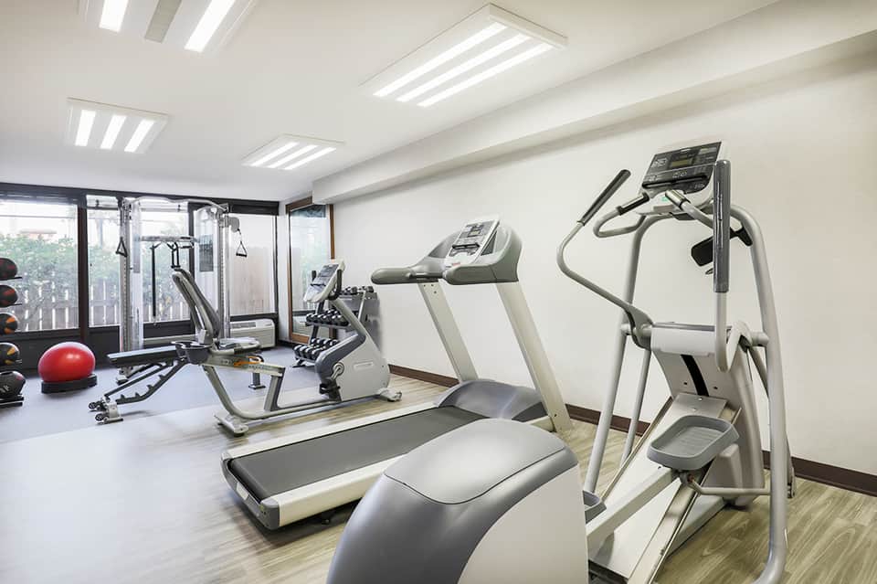 Modern gym interior with treadmill, exercise bike, dumbbells, and fitness equipment with large windows
