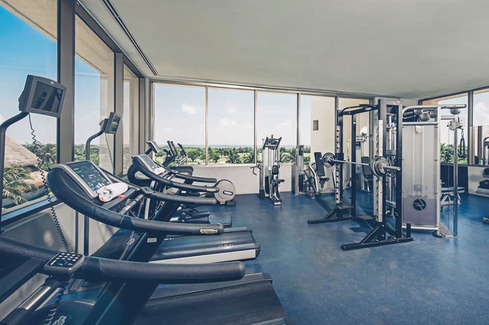 Modern gym with treadmills and exercise equipment overlooking landscaped grounds through large windows