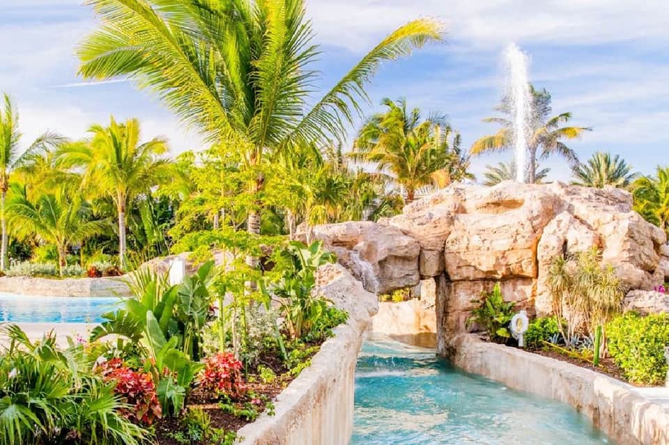 Tropical water feature with fountains, palm trees, and landscaped gardens