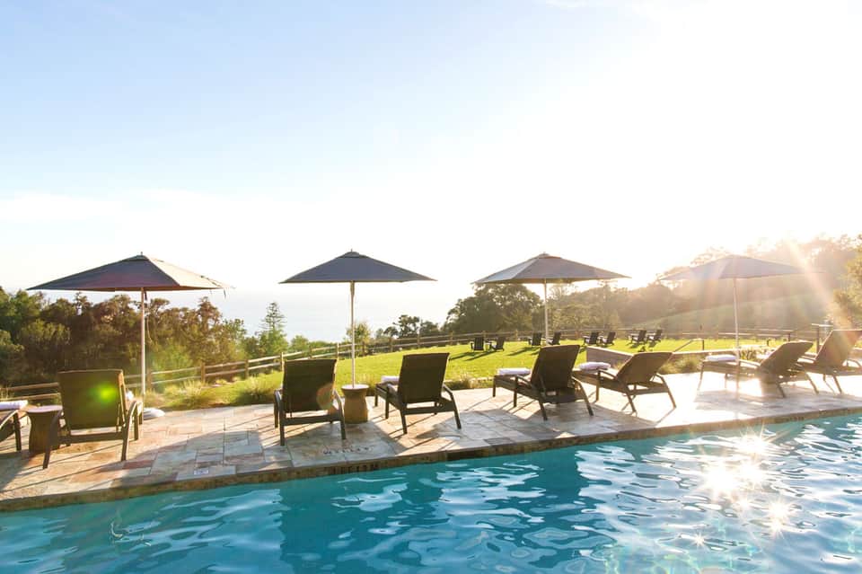 Resort pool with lounge chairs and umbrellas overlooking green lawn and trees