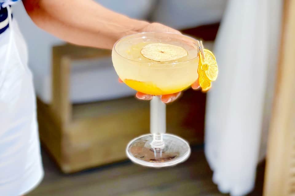 Person holding pale yellow cocktail with lemon slice garnish and citrus fruit base