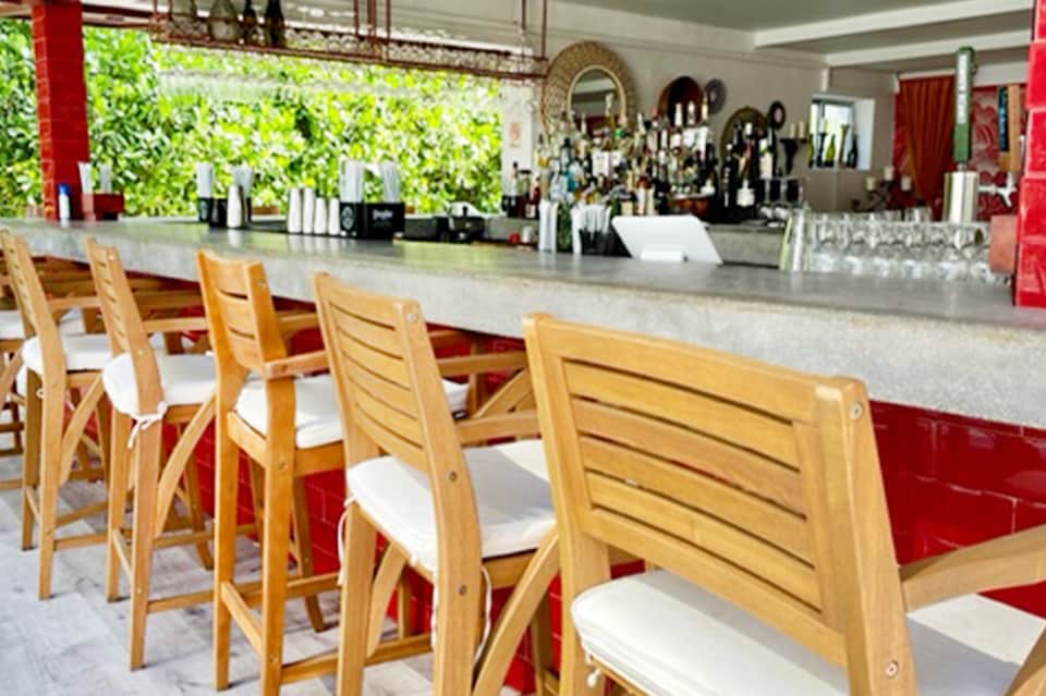 Modern bar interior with wooden chairs, gray countertop, and living plant wall