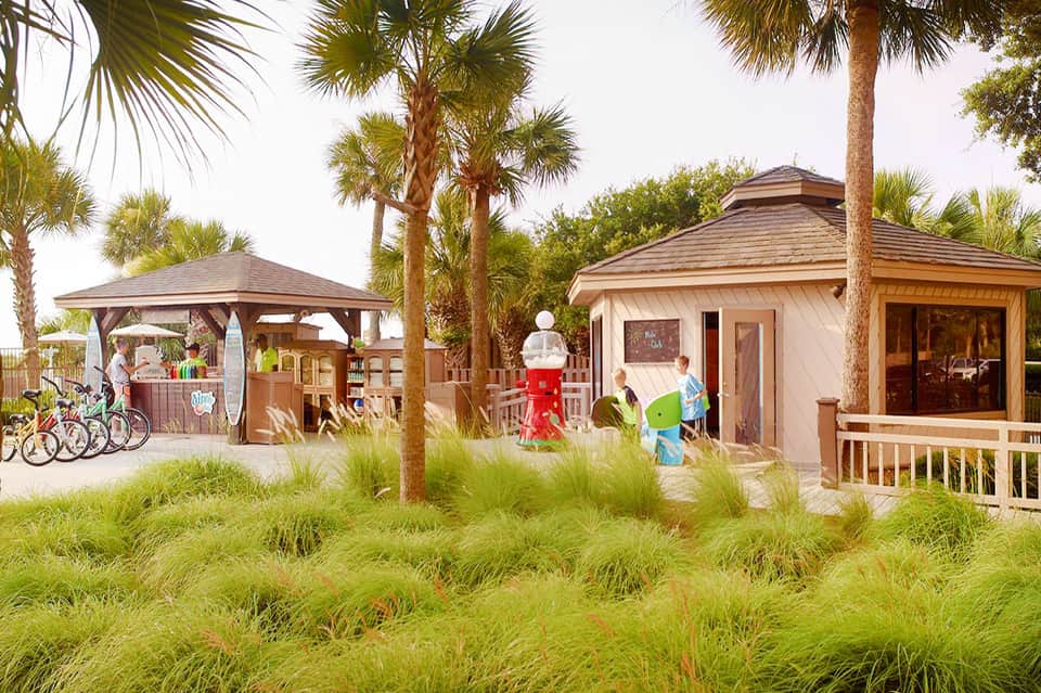 Beachfront resort with wooden cabins, palm trees, and recreational facilities