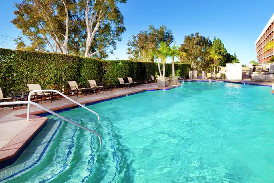 Resort swimming pool with turquoise water, lounge chairs, palm trees, and hedges