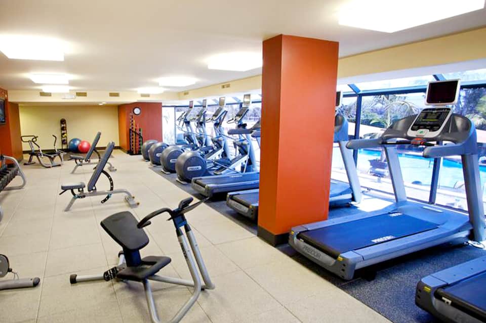 Well-equipped fitness center with treadmills, ellipticals, exercise bikes, and large windows
