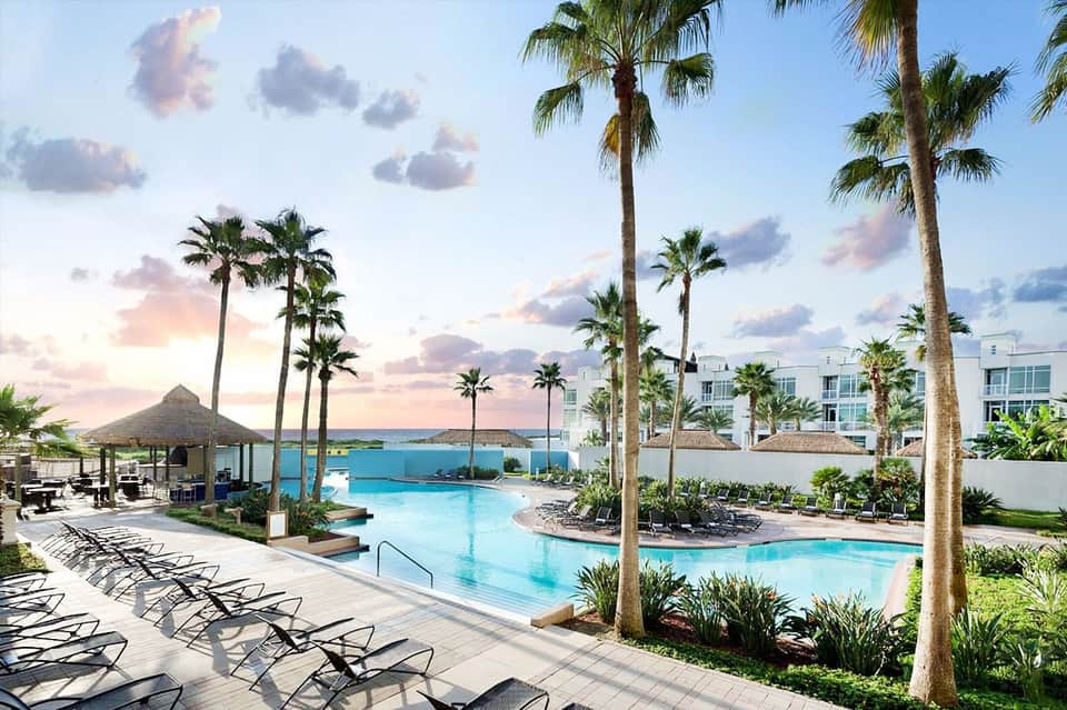 Beachfront resort pool with palm trees, lounge chairs, and ocean view at sunset