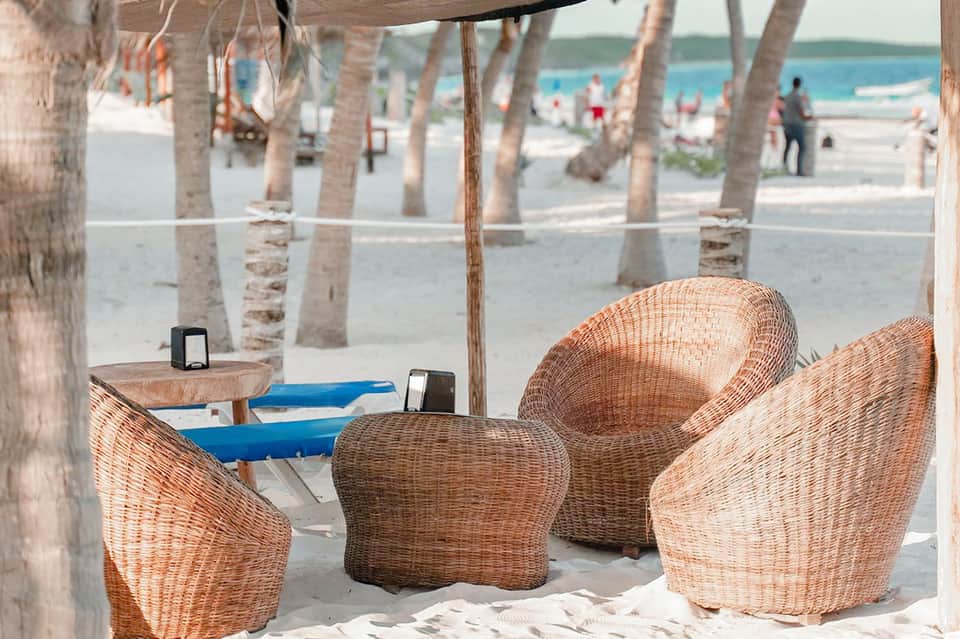 Woven rattan lounge chairs on sandy beach with palm trees and ocean view in soft focus background.
