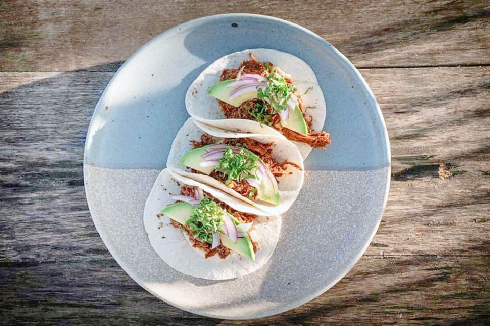 Three fish tacos on ceramic plate with avocado, cilantro, and red onion on wood surface