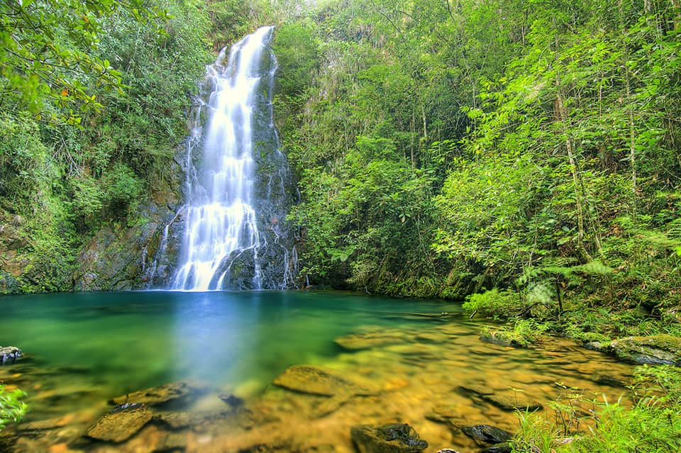 Scenic waterfall cascading into a tranquil emerald pool surrounded by lush green forest