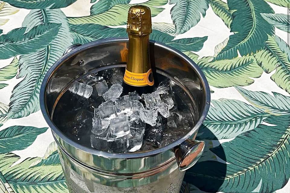 Champagne bottle in ice bucket on tropical banana leaf patterned tablecloth for celebration