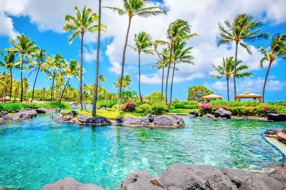 Tropical resort lagoon with crystal-clear turquoise water, palm trees, and lush landscaping under blue sky