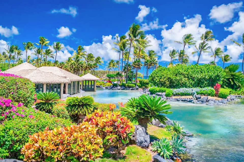 Tropical resort garden with thatched-roof pavilion, colorful flowers, palm trees, and turquoise lagoon
