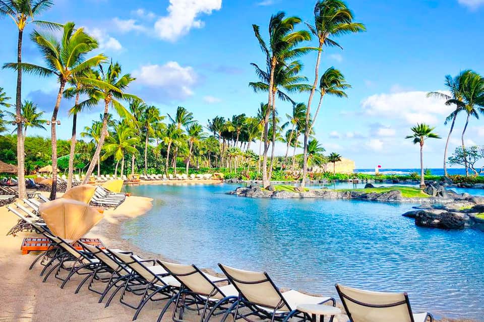 Tropical beach resort with palm trees, lounge chairs, and calm turquoise lagoon water
