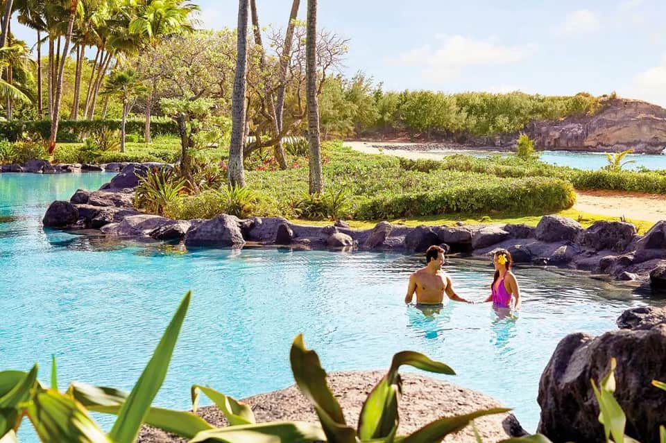 Tropical lagoon with turquoise water, palm trees, and guests swimming among black rocks