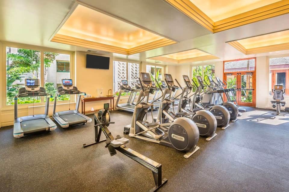 Bright fitness center with cardio machines, stationary bikes, and large windows overlooking green landscaping