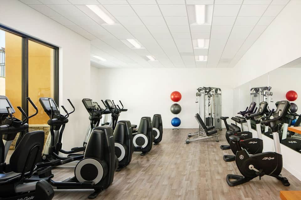 Fitness center with exercise bikes, dumbbells, and gym equipment on wooden flooring
