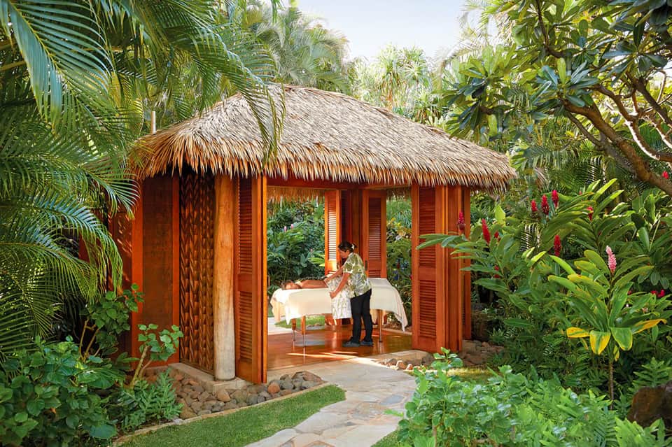 Thatched-roof spa pavilion surrounded by tropical plants and palm trees in lush garden setting