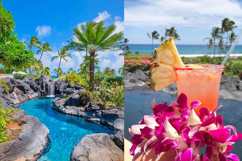 Tropical resort with blue lagoon pool, black lava rocks, palm trees, and pink orchid cocktail with pineapple garnish