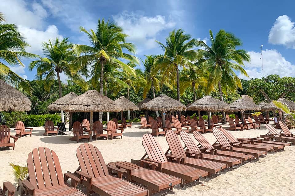 Beach with thatched umbrella cabanas, wooden lounge chairs, and palm trees under blue sky