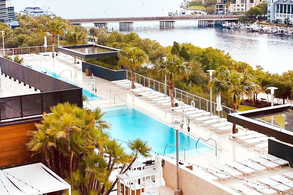 Modern rooftop pool overlooking waterfront with palm trees and white lounge chairs