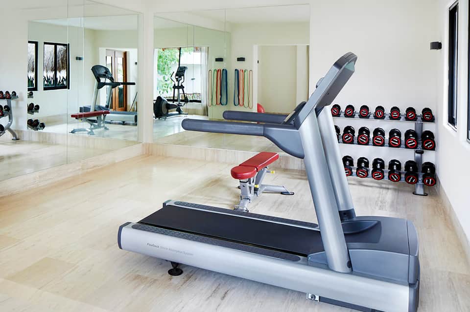 Modern fitness center with treadmill, dumbbells, and mirror walls