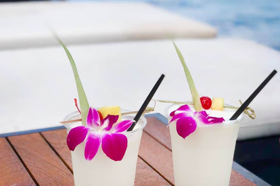 Two tropical cocktails garnished with pink orchids, fruit skewers, and palm leaves on a wooden deck by the water