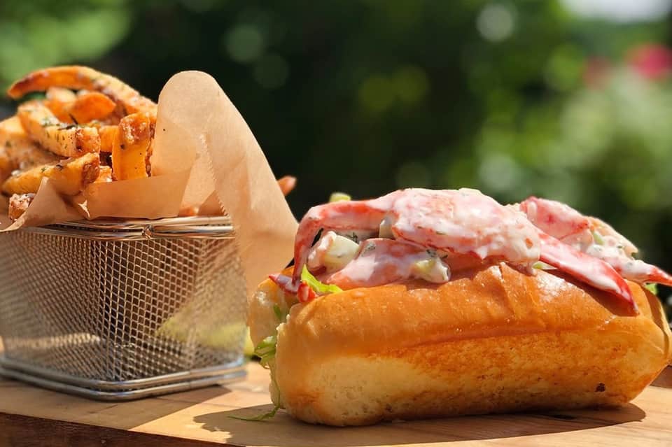 Gourmet lobster sandwich and crispy fries served outdoors with blurred green garden background