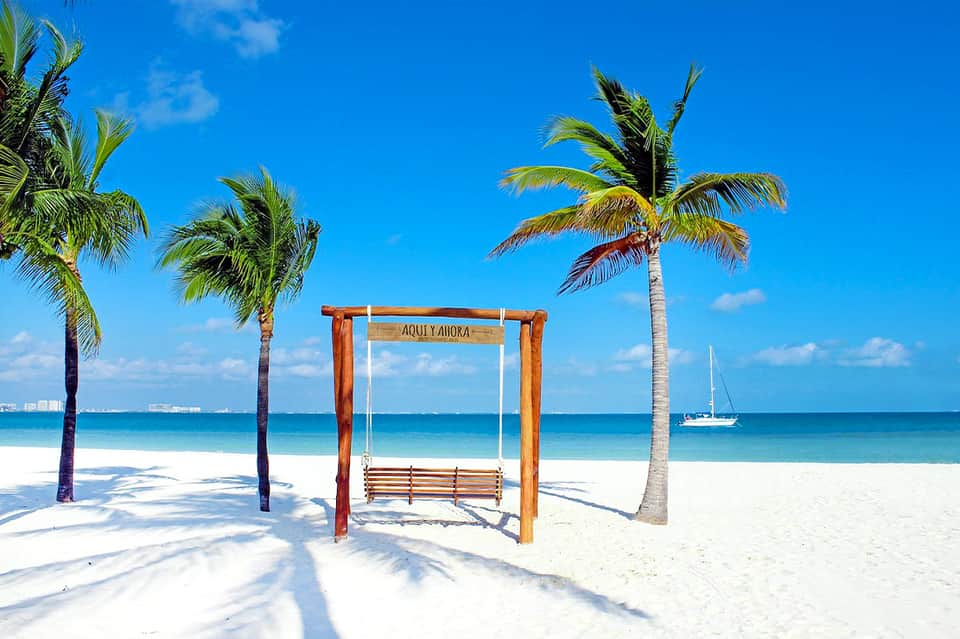Wooden swing on white sand beach with palm trees and turquoise ocean