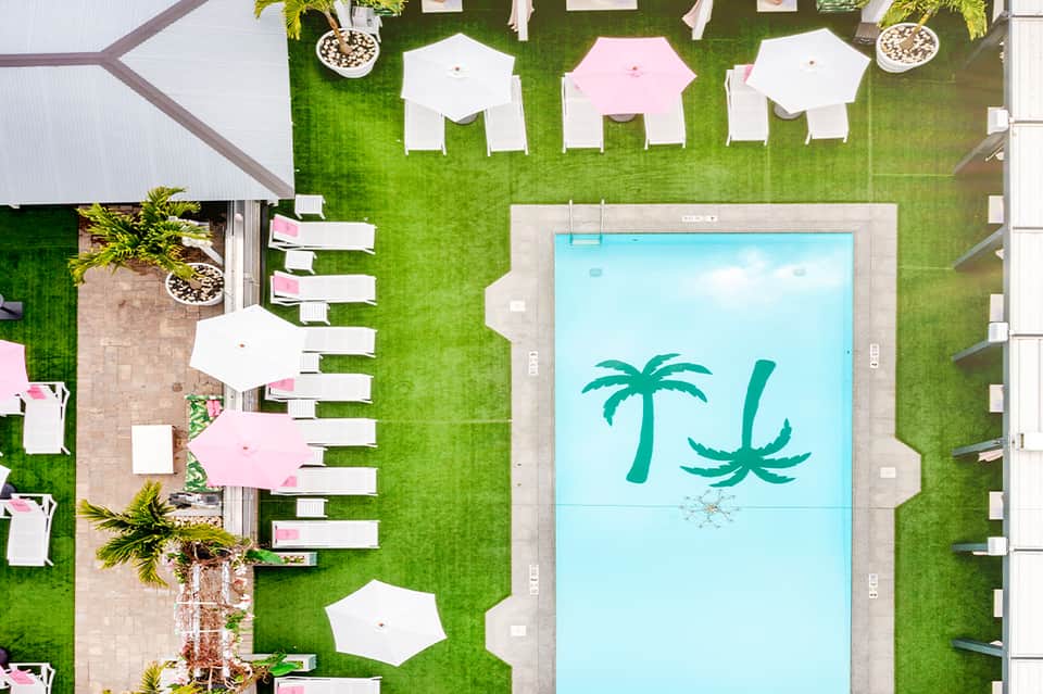 Overhead view of resort pool with palm tree design surrounded by white loungers and green lawn