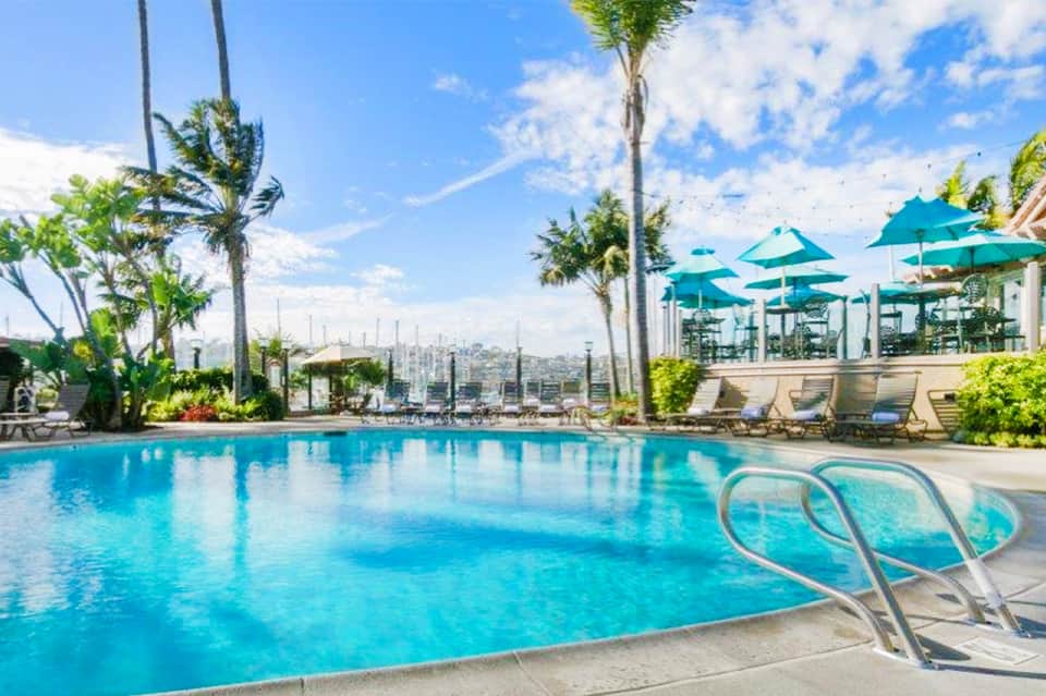Large resort pool with palm trees, lounge chairs, turquoise umbrellas, and city skyline