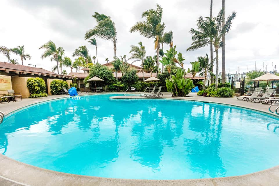 Large resort swimming pool with palm trees, lounge chairs, and beige umbrellas