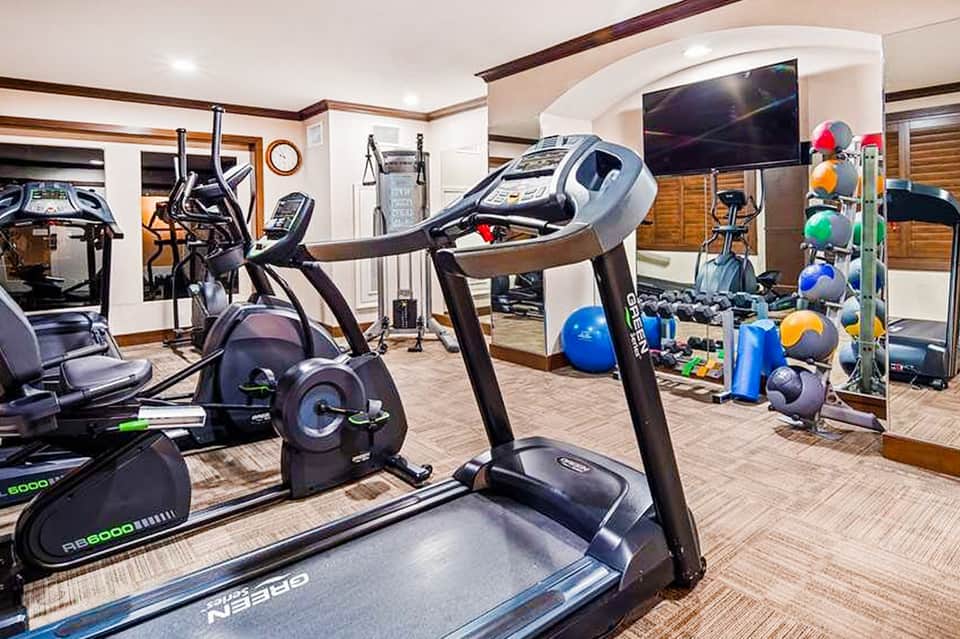 Home gym with treadmill, elliptical, exercise bike, medicine balls, and TV on wooden flooring
