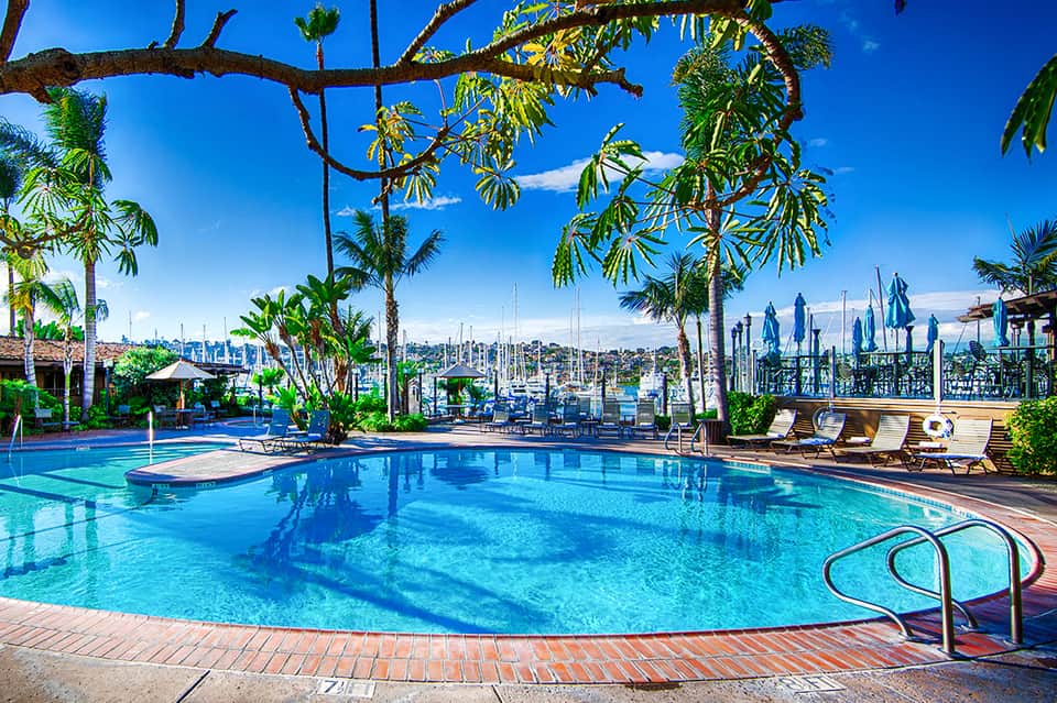 Resort pool overlooking marina with sailboats, palm trees, and blue sky
