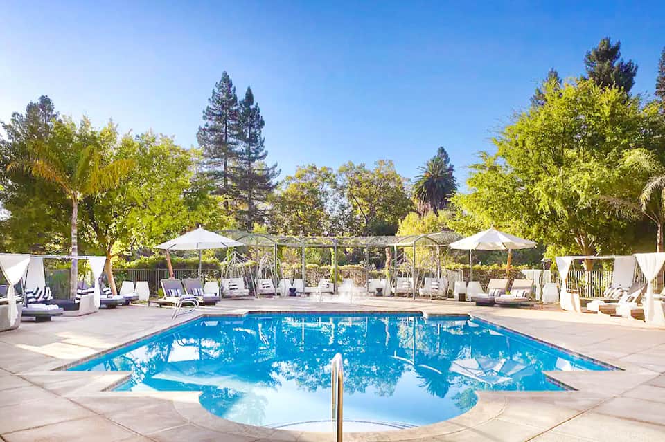 Resort pool surrounded by white umbrellas, loungers, and tall trees under clear blue sky