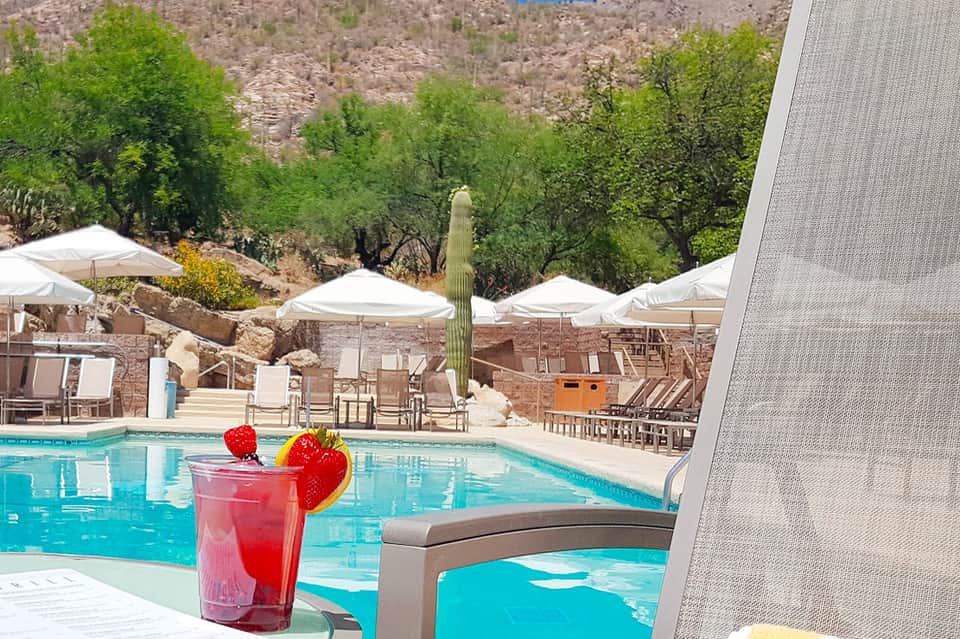 Turquoise resort pool with red cocktail, white umbrellas, saguaro cactus, and desert landscape in background