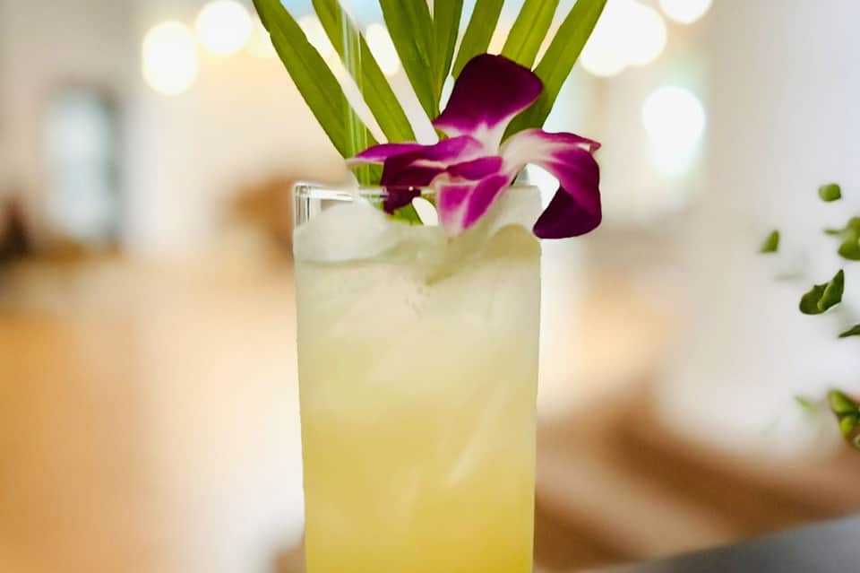 Tropical cocktail with purple orchid flower garnish and ice in clear glass on blurred background