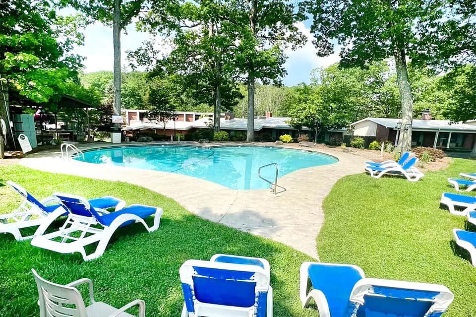 Resort swimming pool surrounded by lawn, lounge chairs, and trees