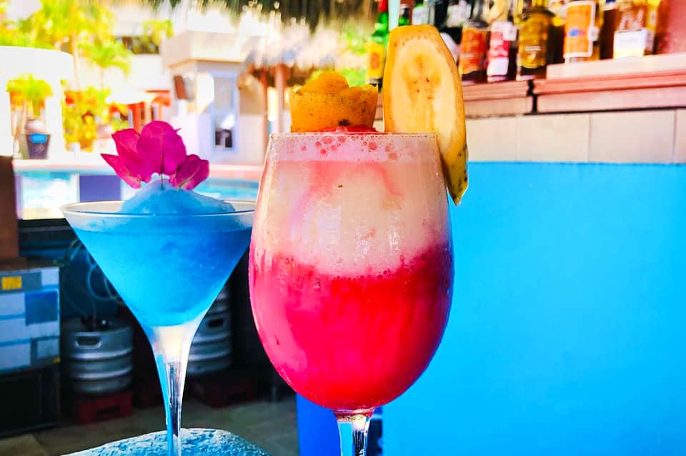 Colorful tropical cocktails with fruit garnishes displayed at poolside bar