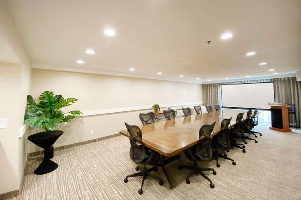 Modern conference room with long wooden table, mesh chairs, and projection screen