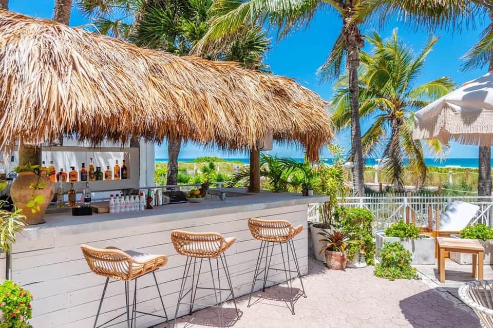 Beachfront tiki bar with thatched roof, tropical bar seating, palm trees, and ocean view