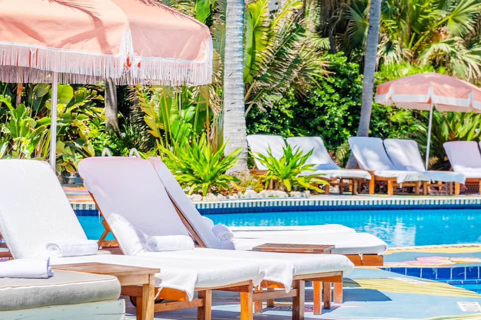 Poolside lounge chairs with pink umbrellas surrounded by tropical palm trees and vegetation