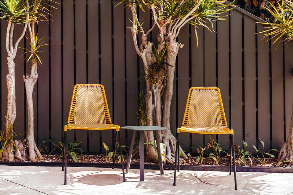 Two yellow chairs and small table against dark wooden fence with decorative palm plants
