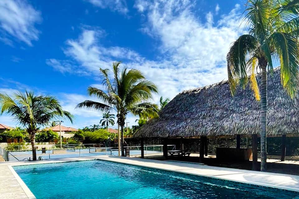 Resort pool with thatched-roof structures, palm trees, and clear blue water