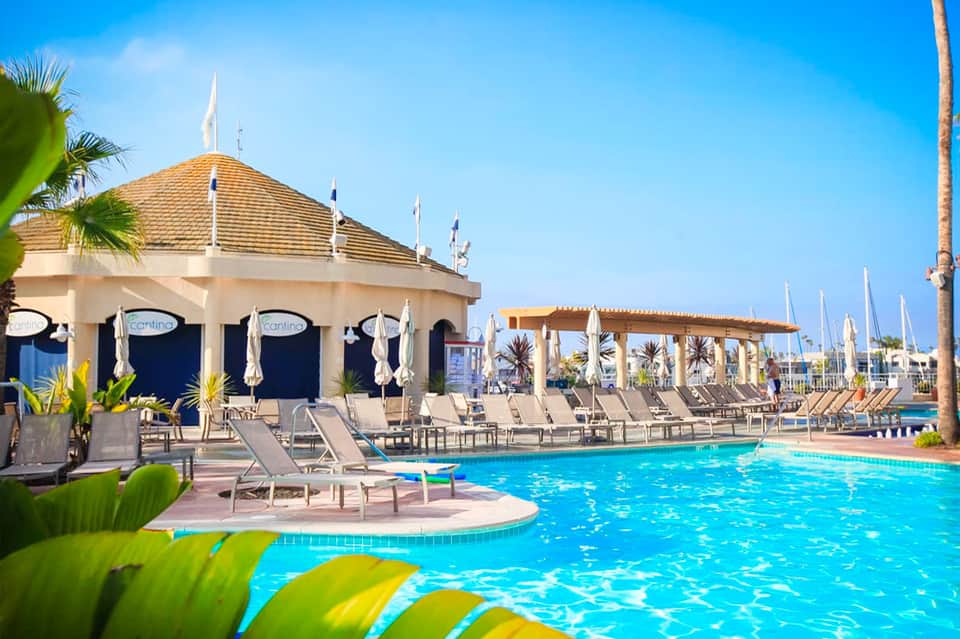 Luxury resort pool with cabana pavilion, lounge chairs, and palm trees under blue sky