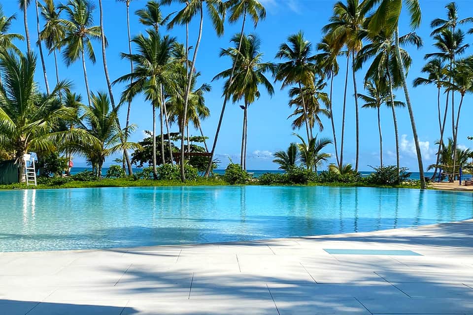 Infinity pool overlooking the ocean with palm trees and tropical vegetation under clear blue sky
