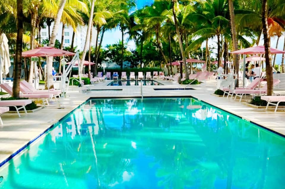Long rectangular pool lined with pink umbrellas, loungers, and palm trees