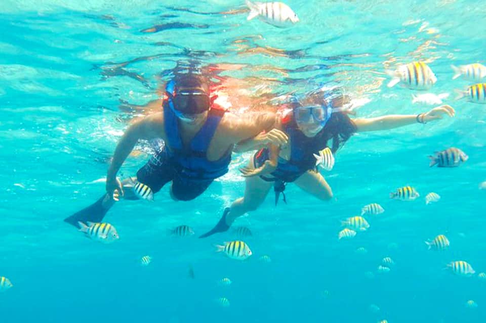 Snorkeling couple underwater surrounded by striped tropical fish