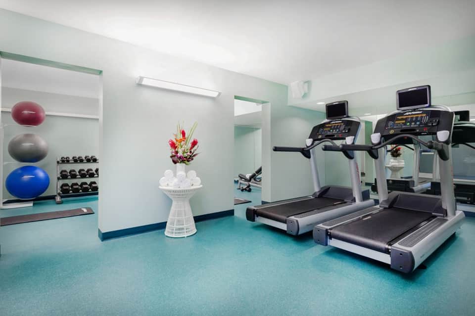Fitness center with treadmills, exercise equipment, exercise balls, and fresh flowers on mint-colored floor